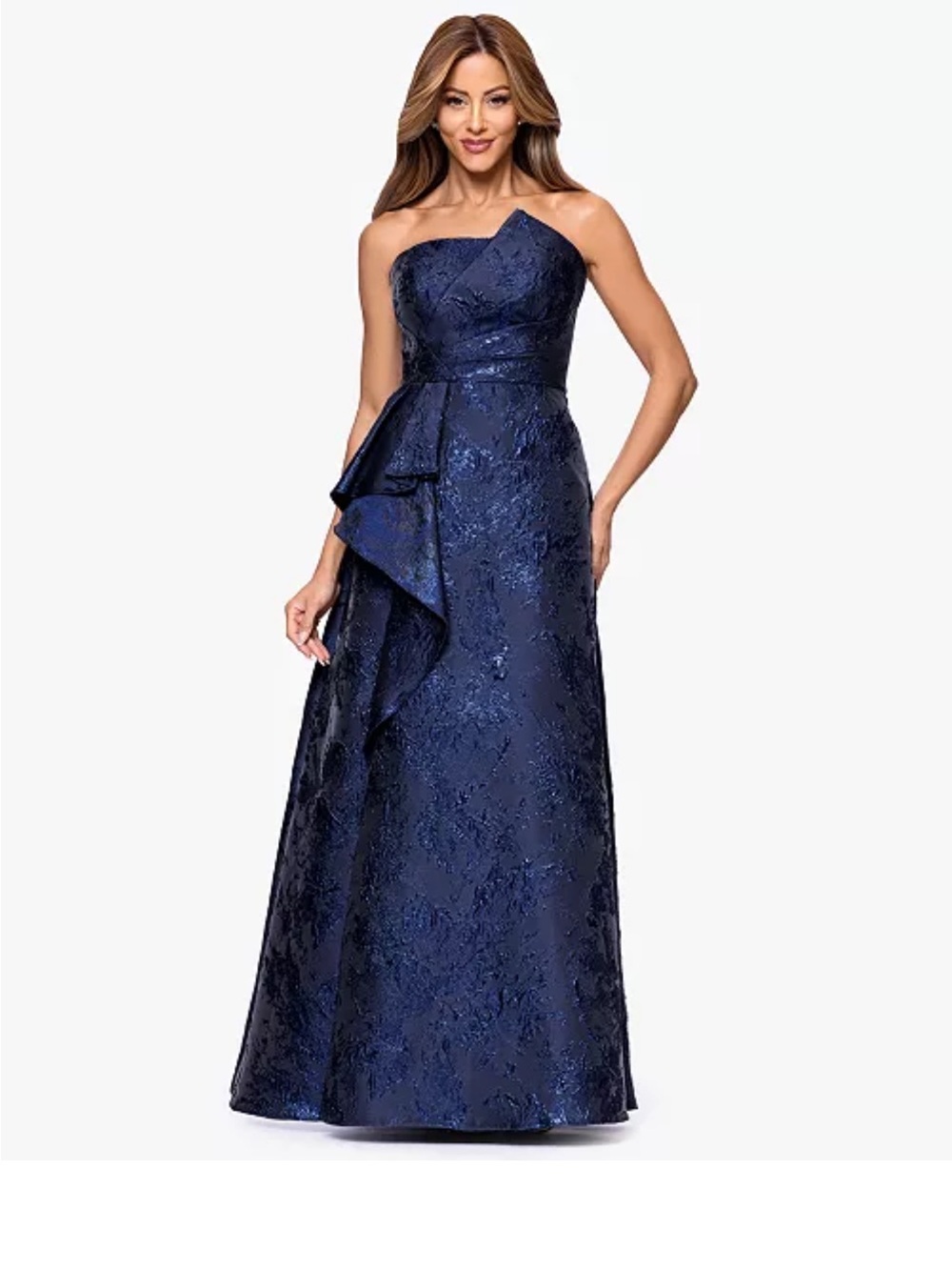 Xscape Strapless Navy Jacquard Evening Gown with Side Ruffle
